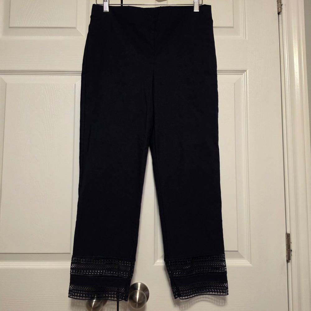 Joseph Ribkoff Navy Blue Crochet Lace Hem Pull On Crop Pants Size 1 (Medium 8)